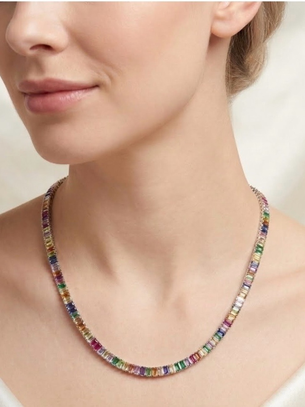 Multicolor CZ Baguette Gemstone Rhodium Plated Necklace 16-18 Inches